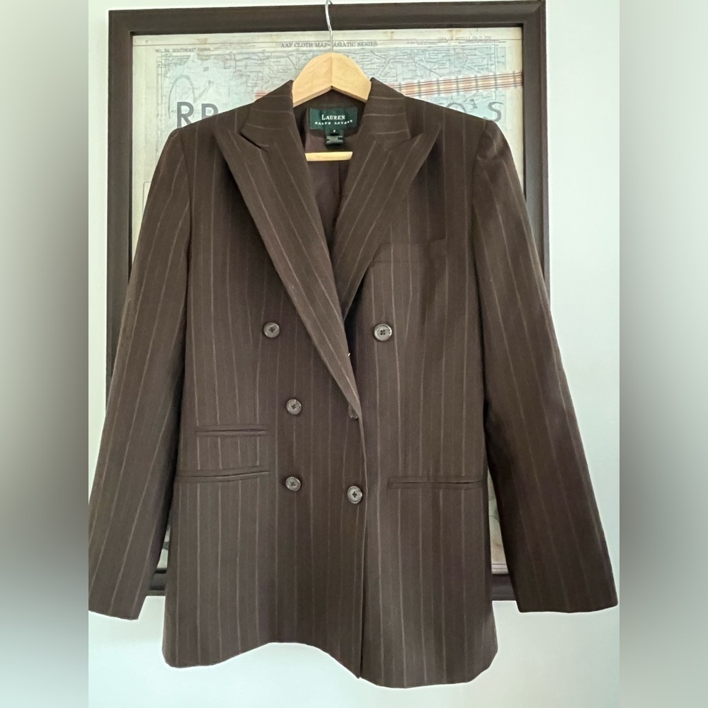 Vintage 💯 Wool Ralph Lauren Brown Pinstriped Double Breasted Blazer 8